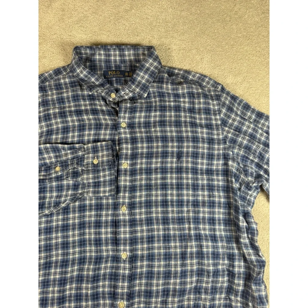 Polo Ralph Lauren Blue Plaid Linen Button Shirt Mens 2XL L/S Pony Preppy Resort*
